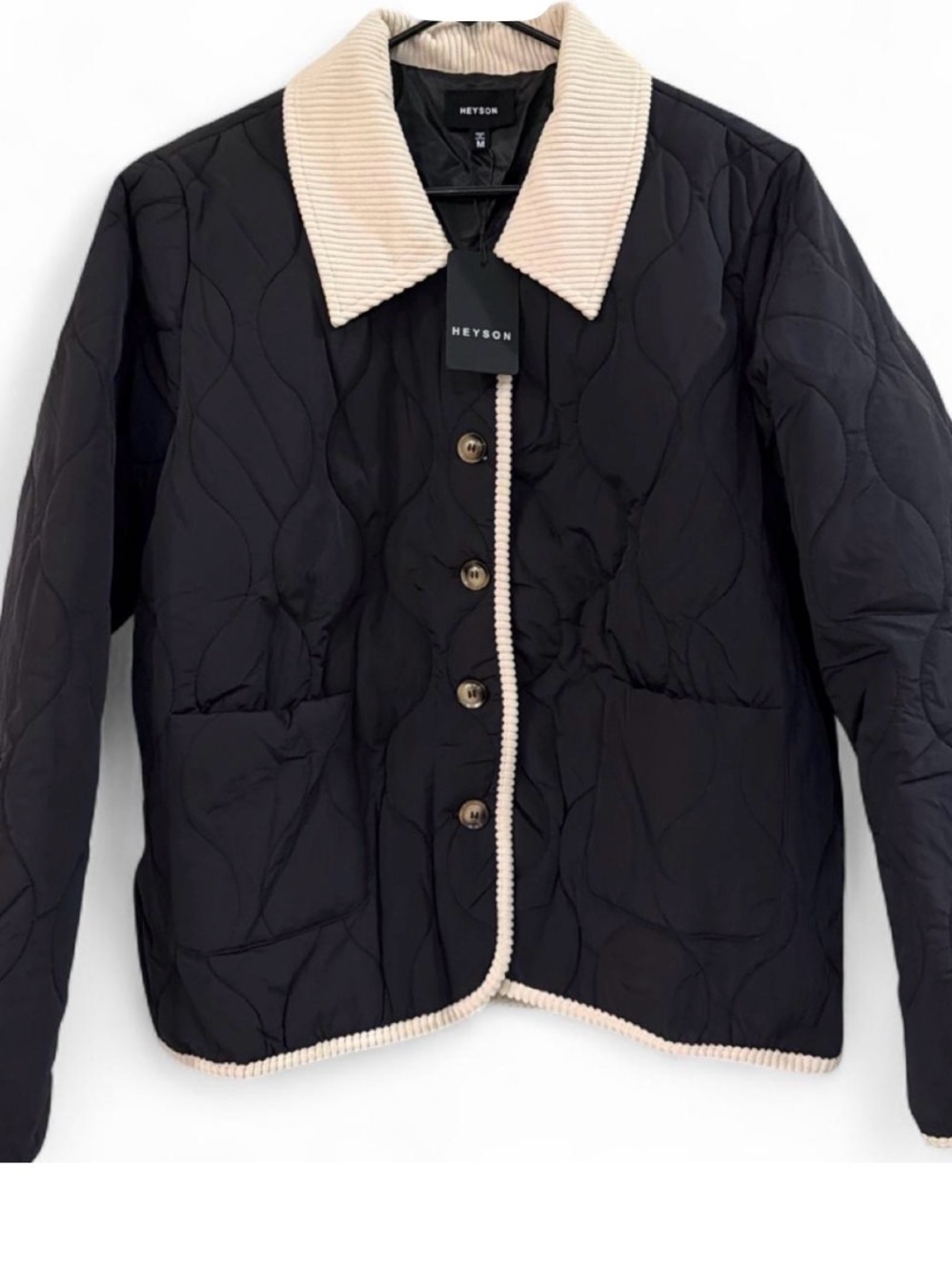 Heyson Black Quilted Puffer Jacket with Cream Corduroy Collar